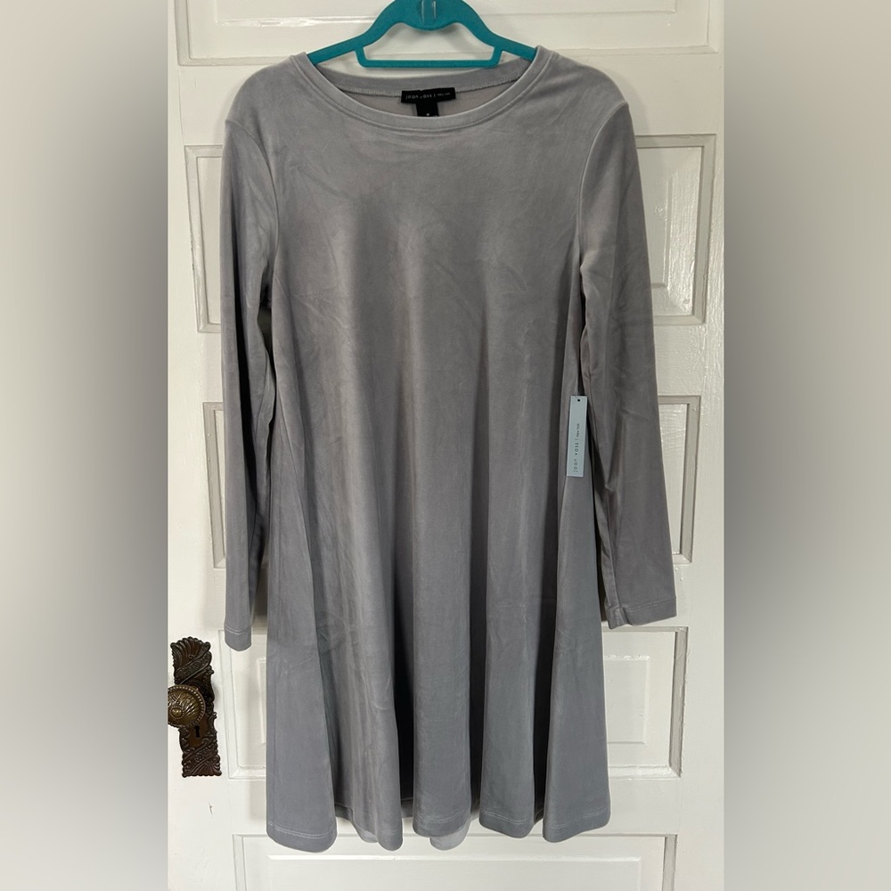 New With Tags! Joan Vass Elegant Gray Velour Long Sleeved Dress. Size Medium